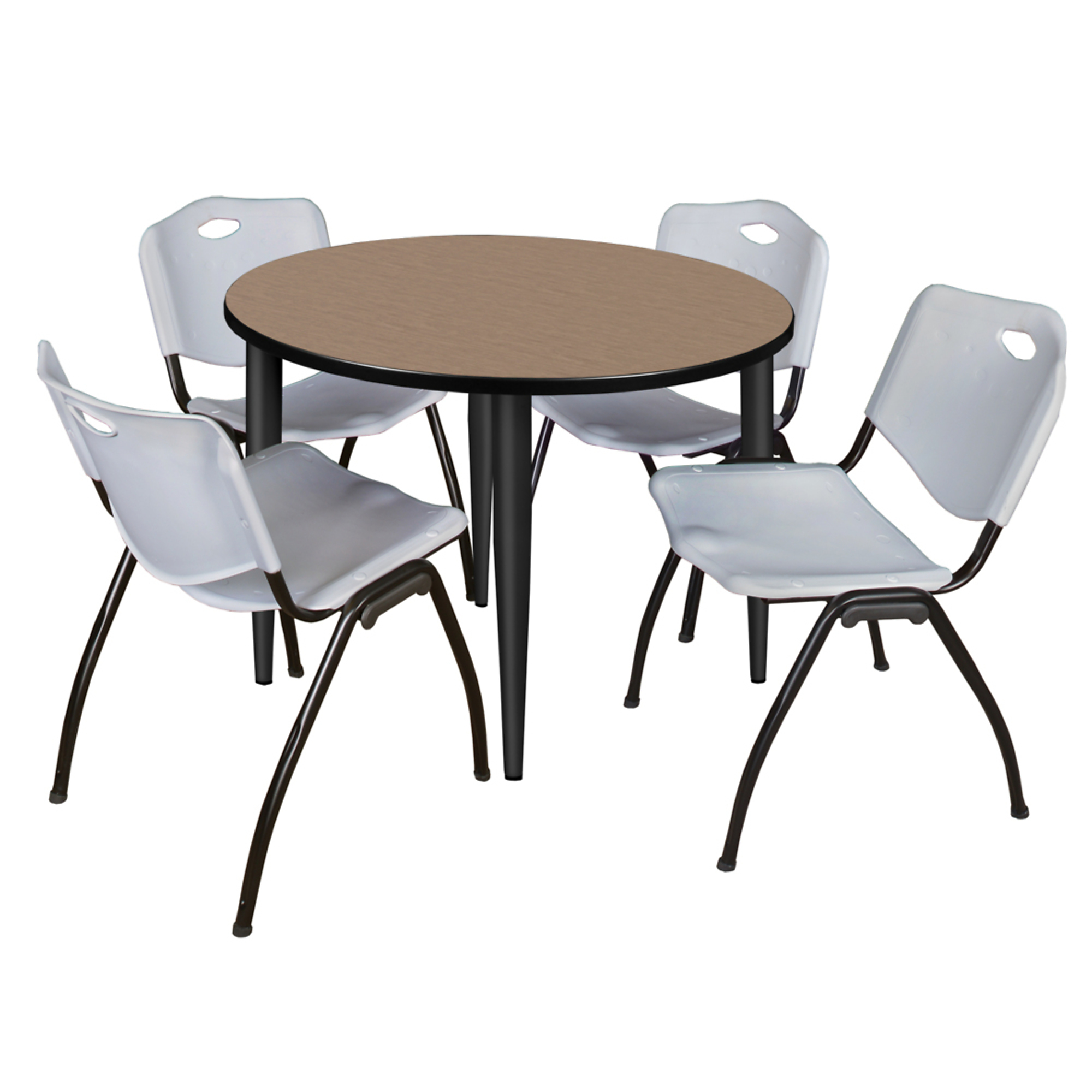 Regency Kahlo Round Breakroom Table with M Stack Chairs — 42in., Noble Oak Top, Black Base, 4 Grey Chairs, Model# TPL42RNDNOBK47GY